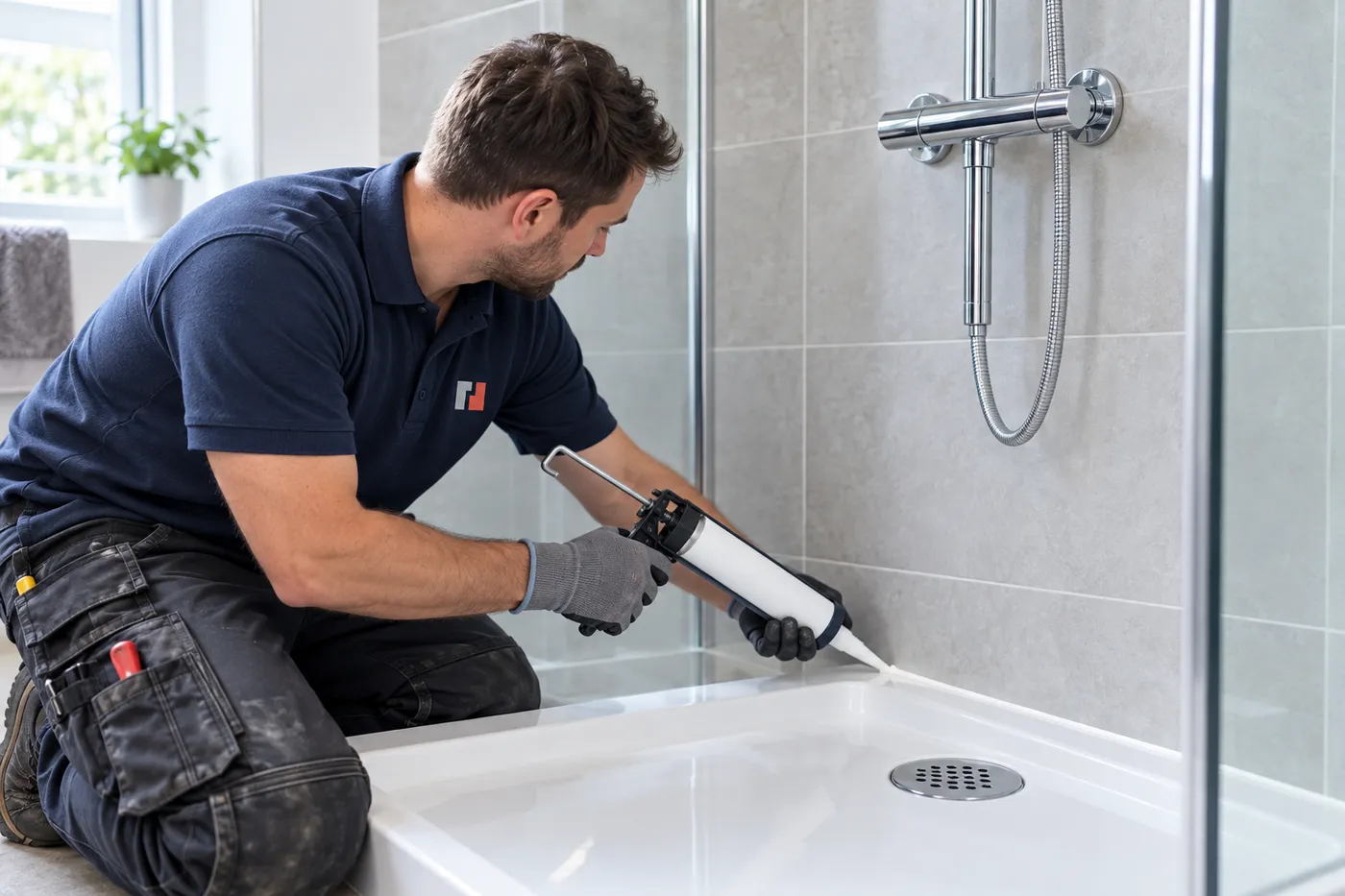 Plombier refaisant le joint silicone entre un receveur de douche et le carrelage